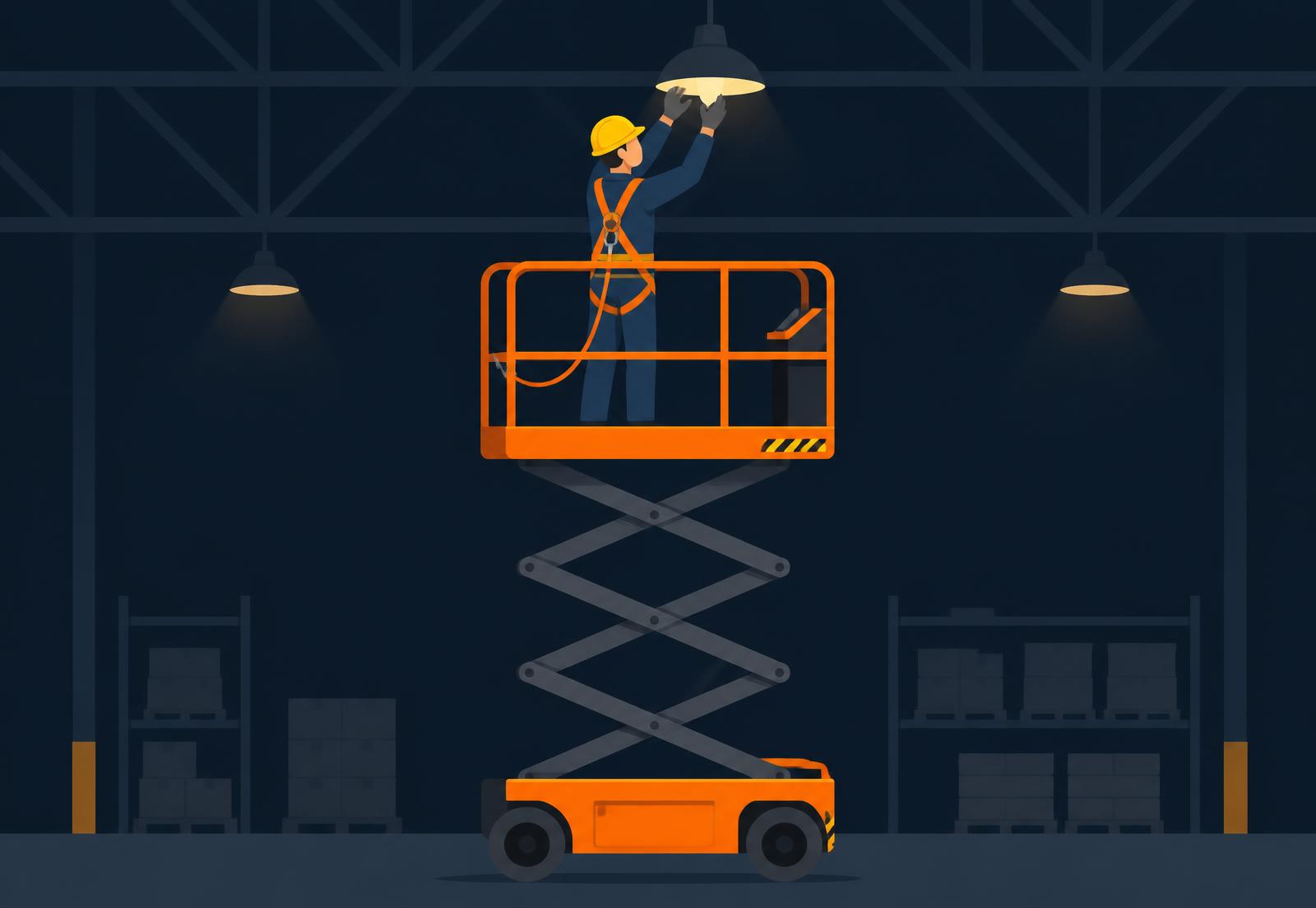 Illustration of a worker on a certified electric elevating work platform performing indoor ceiling maintenance